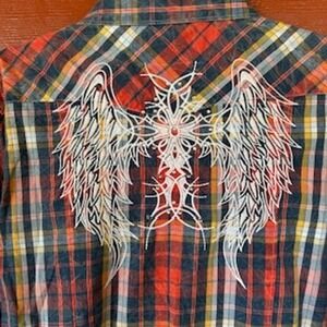 Rock & Roll Cowgirl Plaid Western Shirt Angel Wing Cross Embroidery Snap Sz XL